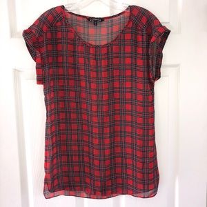 Express (xs) sheer red plaid top.